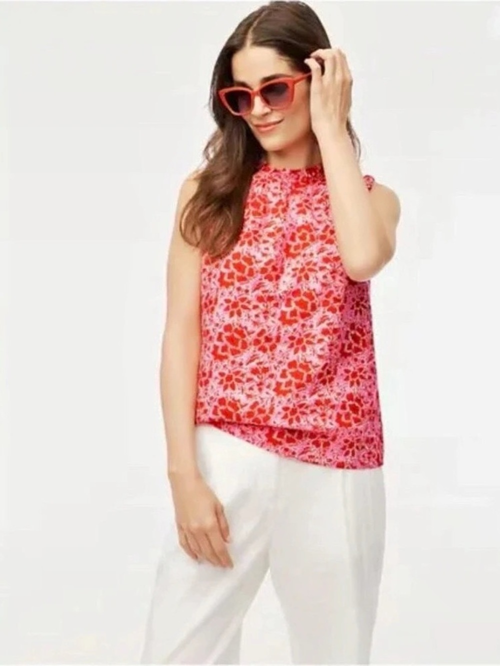 J.Crew Sleeveless Ruffed Neckline Sleeve Floral Cottage Pink & Red Blouse